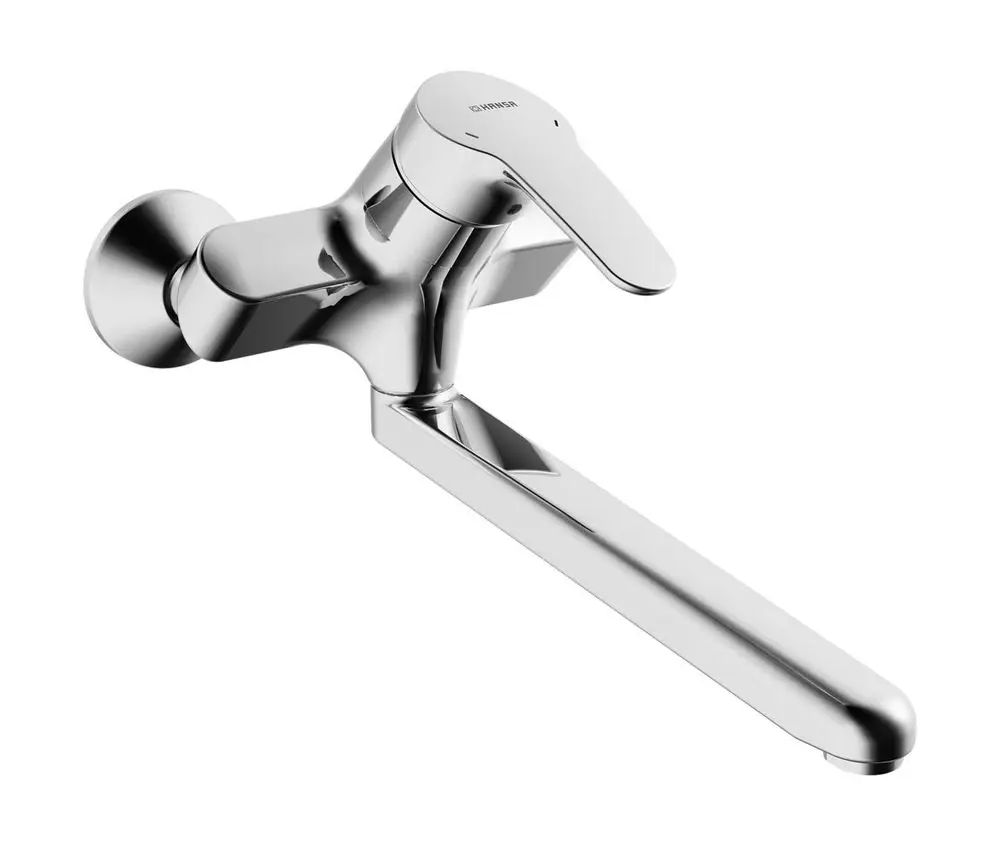 HANSAMIX Einhebelmischer mit langer Ausladung, Wandmontage, in glänzendem Chrom-Finish. Geeignet für Waschbecken oder Küchenanwendungen.
